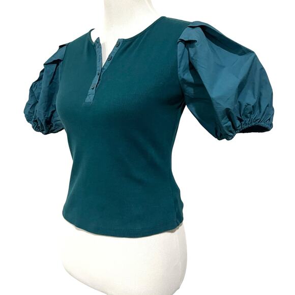 English Factory Top Puff Sleeve Henley Blouse Teal Blue Stretch Knit Size Small - Picture 4 of 10
